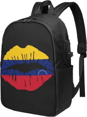 Venezuelan Venezuela Flag Lips Laptop Backpacks Travel Backpack Casual Business Daypack Sport Rucksack Computer Bag Fits up to 17 Inch Notebook with USB Port