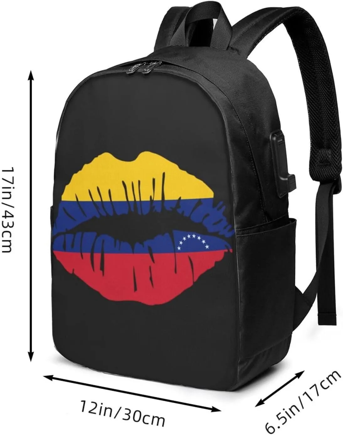 Venezuelan Venezuela Flag Lips Laptop Backpacks Travel Backpack Casual Business Daypack Sport Rucksack Computer Bag Fits up to 17 Inch Notebook with USB Port