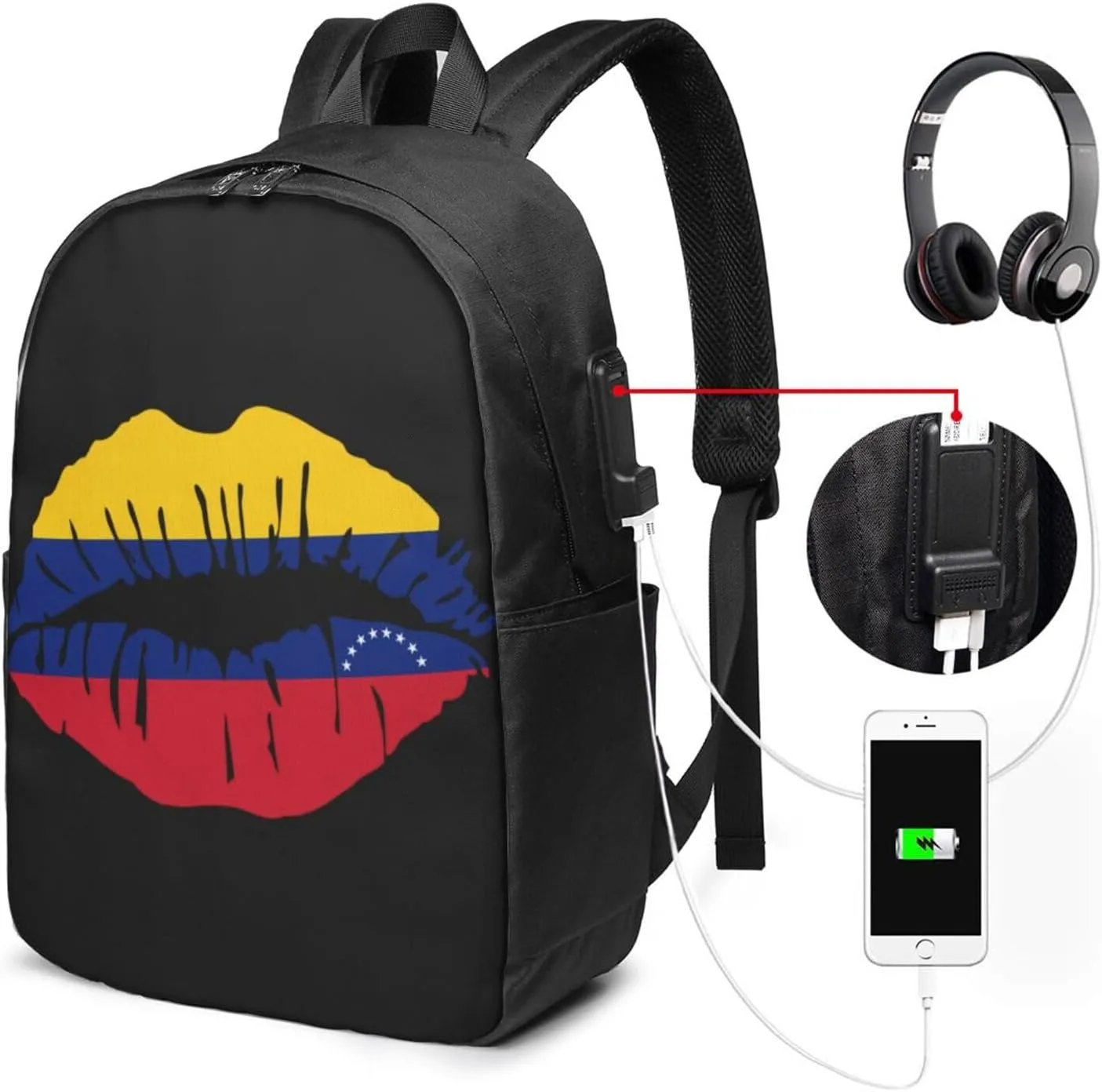 Venezuelan Venezuela Flag Lips Laptop Backpacks Travel Backpack Casual Business Daypack Sport Rucksack Computer Bag Fits up to 17 Inch Notebook with USB Port