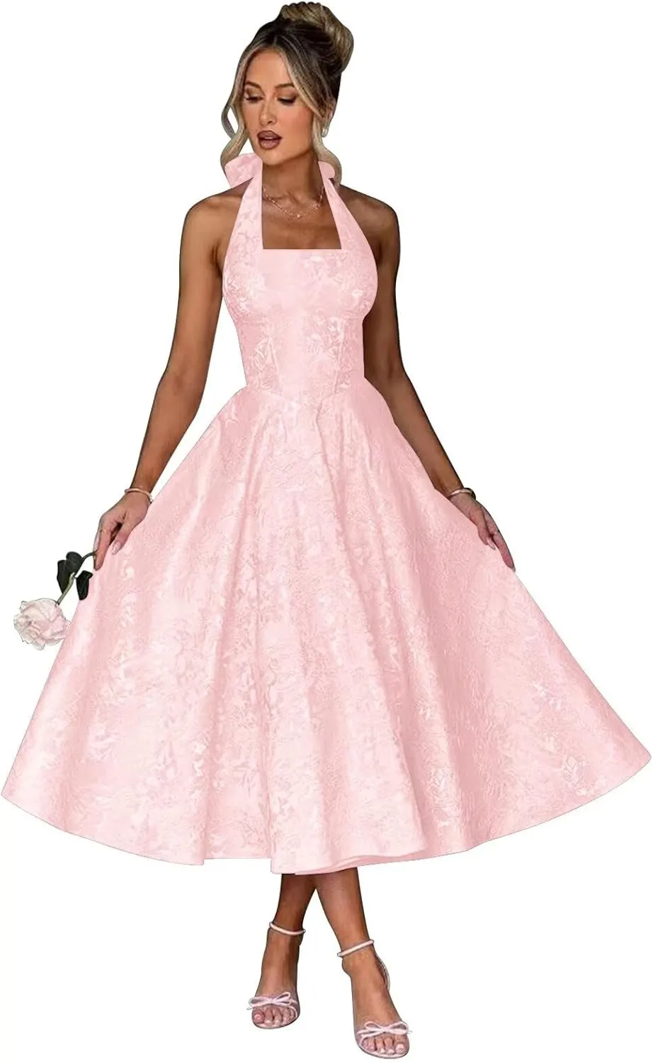 Verngo Satin Floral Jacquard Prom Dress for Women 2025 Halter A Line Formal Evening Gowns with Pockets
