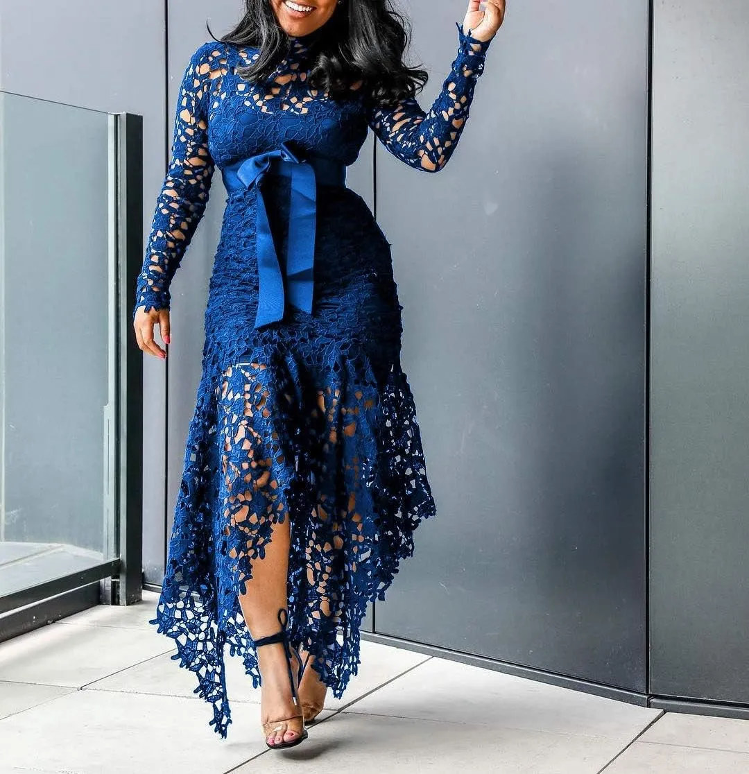 VERWIN Hollow Floor-Length Lace-Up Asymmetrical Women's Maxi Dress Sexy Lace Dress Party Evening Dress