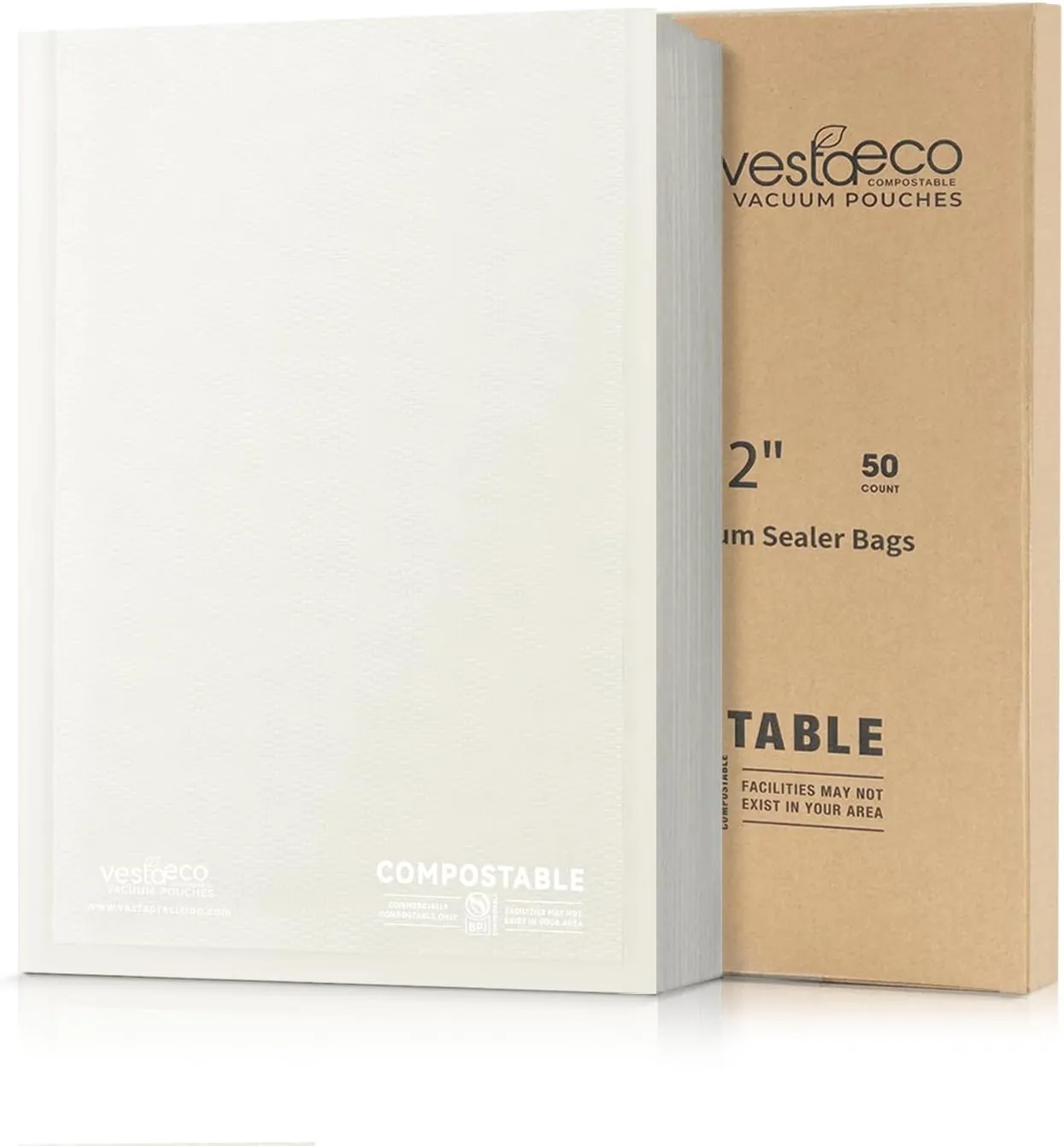 VestaEco Compostable Vacuum Sealer Bags, 8" x 12" 50 Count, Eco-Friendly, Heavy-Duty Food Storage Bags, BPA-Free, for Storage, Meal Prep or Sous Vide