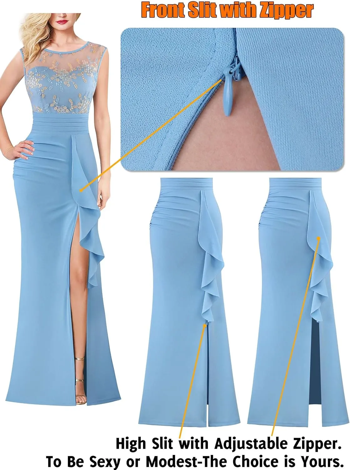VFSHOW Womens Formal Ruched Ruffles Evening Prom Wedding Party Maxi Dress