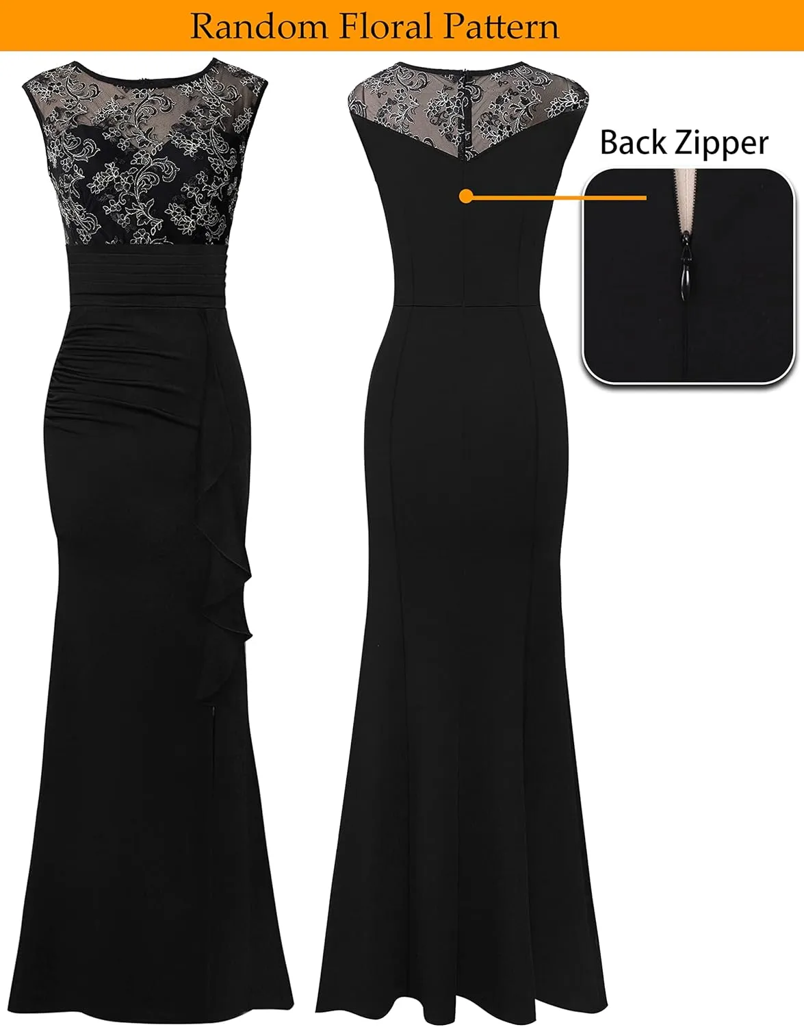 VFSHOW Womens Formal Ruched Ruffles Evening Prom Wedding Party Maxi Dress