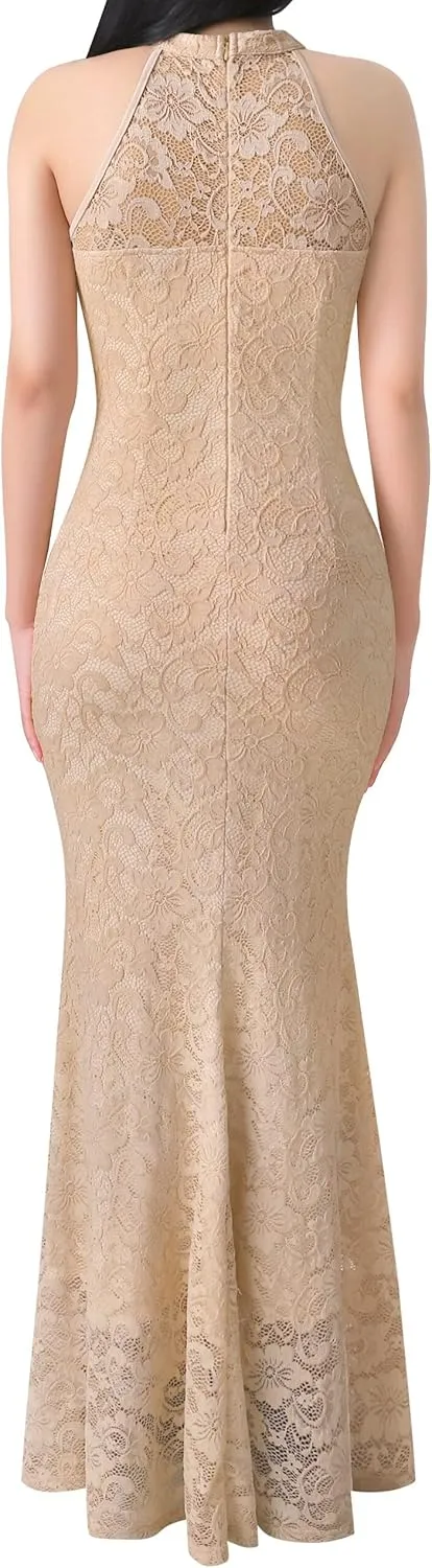 VFSHOW Womens Formal Sexy Halter High Slit Prom Wedding Guest Maxi Dress 2023 Illusion Sweetheart Neckline Evening Long Gown