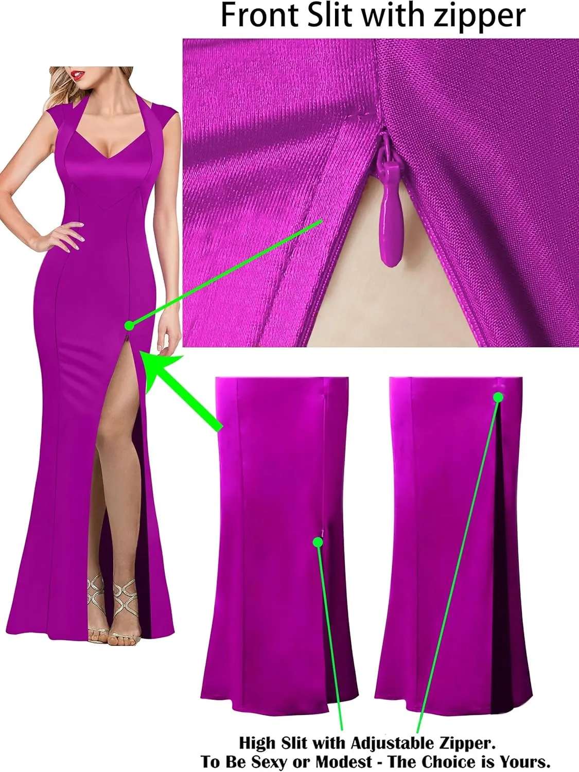 VFSHOW Womens V Halter Neck Zipper High Split Formal Evening Gown Wedding Prom Party Maxi Dress