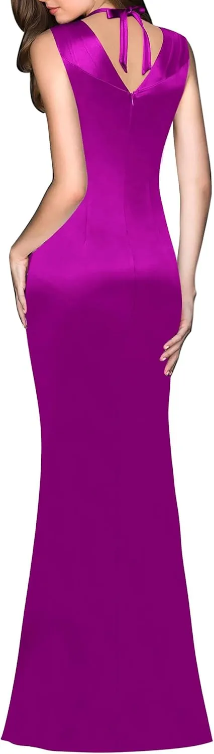 VFSHOW Womens V Halter Neck Zipper High Split Formal Evening Gown Wedding Prom Party Maxi Dress