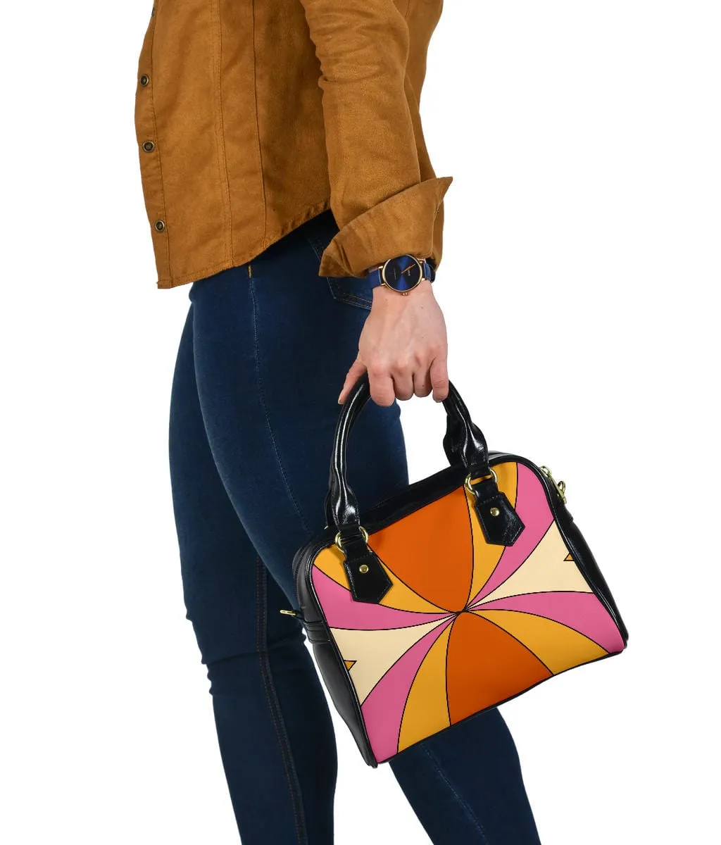 Vintage 1970s Burnt Orange Yellow Pink & Beige Retro Rays | Leather Shoulder Bag