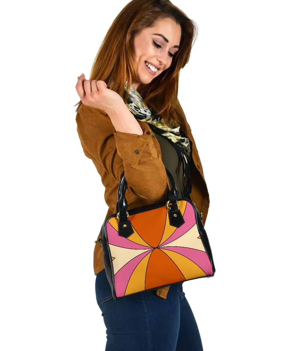 Vintage 1970s Burnt Orange Yellow Pink & Beige Retro Rays | Leather Shoulder Bag