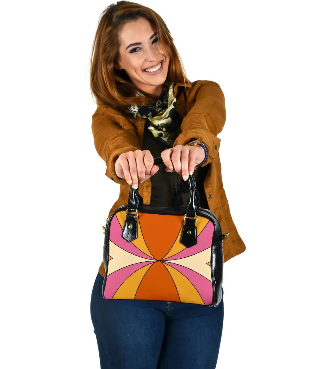 Vintage 1970s Burnt Orange Yellow Pink & Beige Retro Rays | Leather Shoulder Bag
