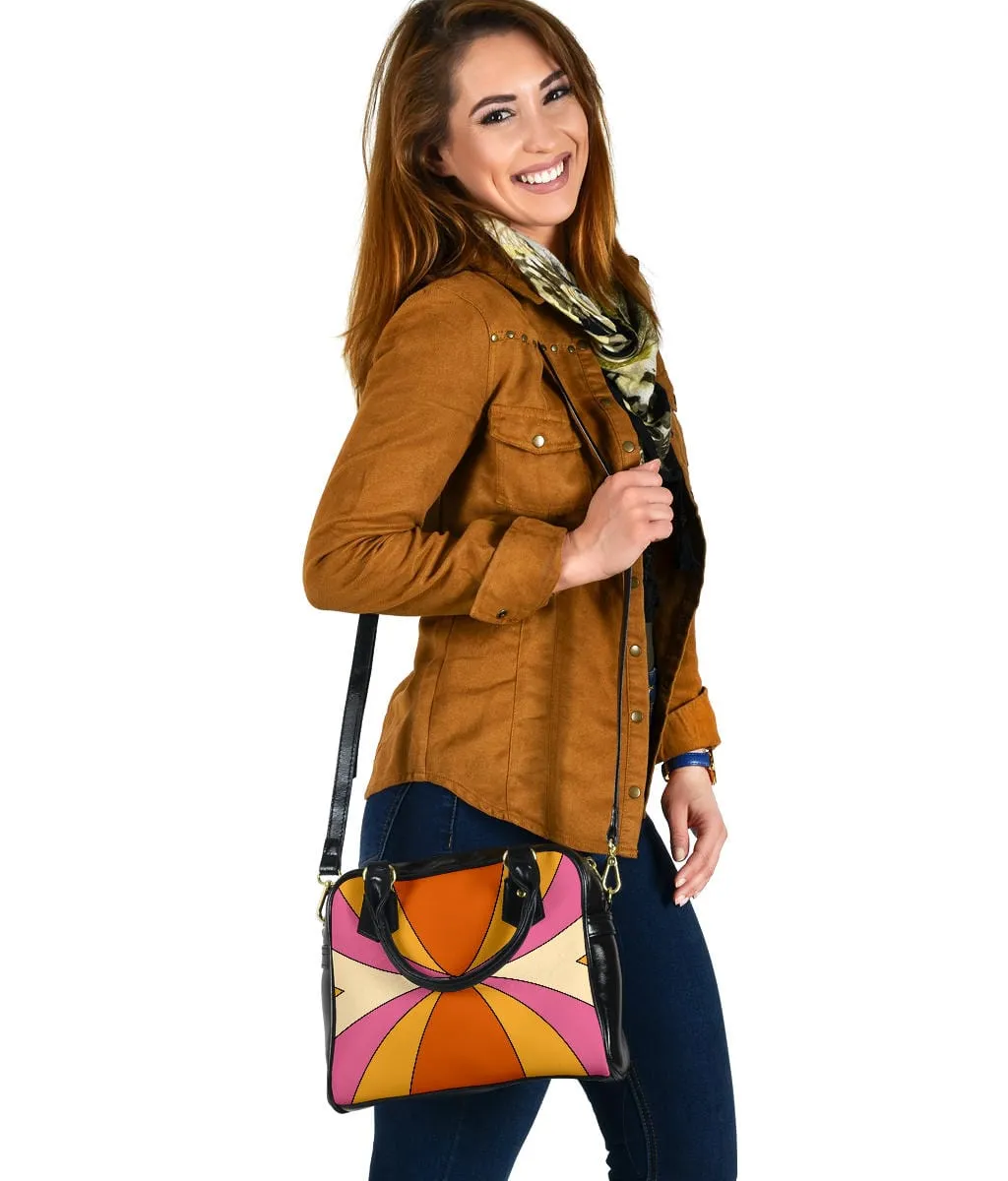 Vintage 1970s Burnt Orange Yellow Pink & Beige Retro Rays | Leather Shoulder Bag