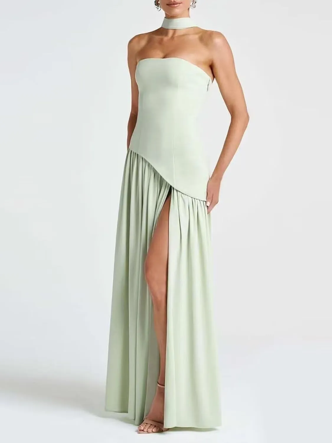 Vintage Scarf Bridesmaid Dresses for Women 2025 Satin Long Strapless Drop Waist Maxi Prom Dress RO308