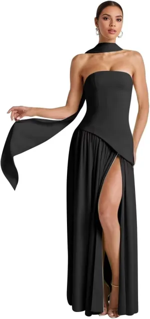 Vintage Scarf Bridesmaid Dresses for Women 2025 Satin Long Strapless Drop Waist Maxi Prom Dress RO308
