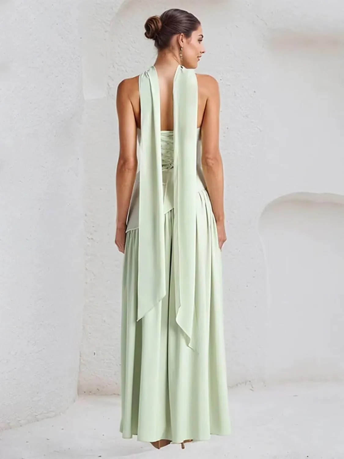 Vintage Scarf Bridesmaid Dresses for Women 2025 Satin Long Strapless Drop Waist Maxi Prom Dress RO308