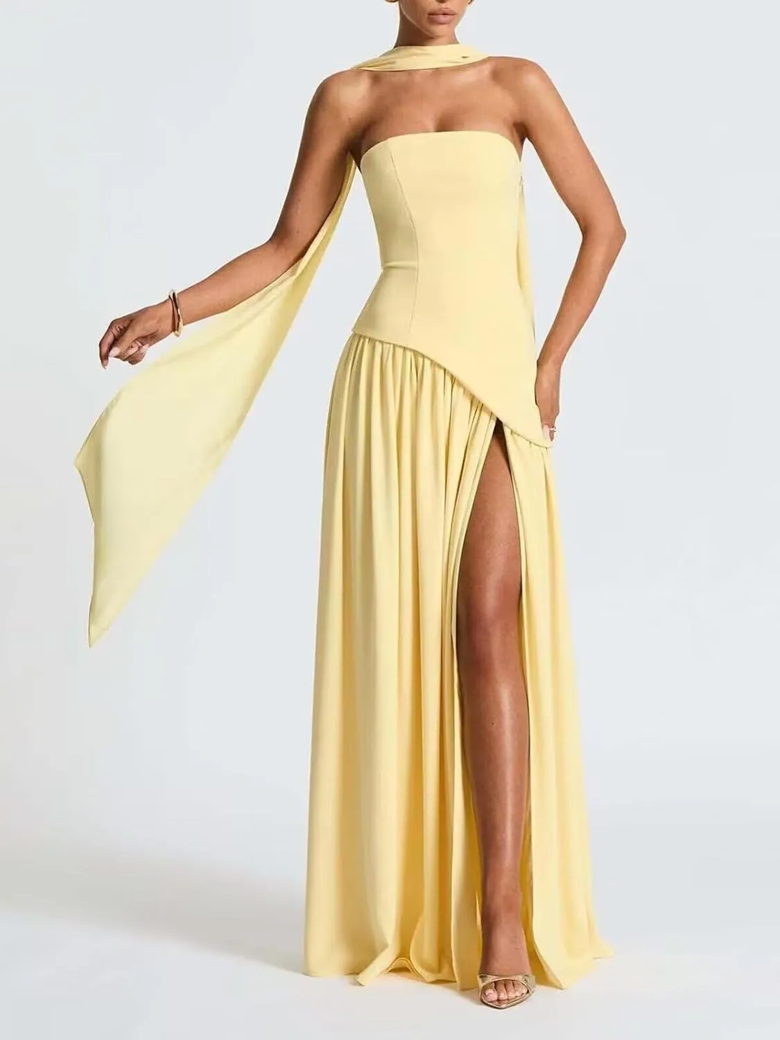 Vintage Scarf Bridesmaid Dresses for Women 2025 Satin Long Strapless Drop Waist Maxi Prom Dress RO308