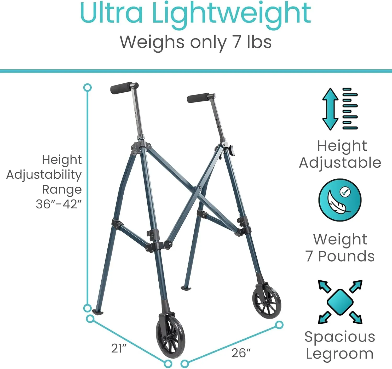 Vive Mobility Lightweight Folding Walker for Seniors - Narrow Foldable Rolling Walker for Small Spaces- Compact & Collapsible for Travel with Wheels, Mobility Support, Portable