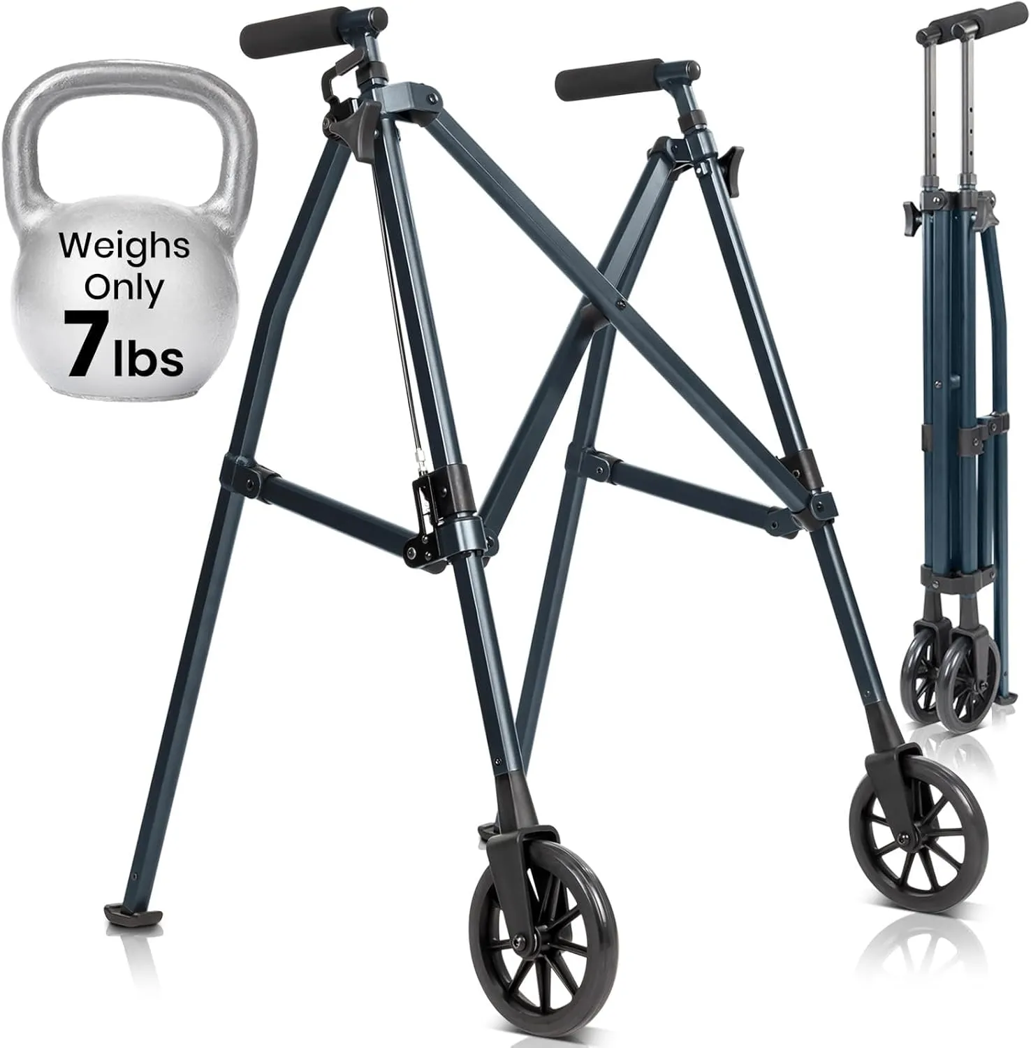 Vive Mobility Lightweight Folding Walker for Seniors - Narrow Foldable Rolling Walker for Small Spaces- Compact & Collapsible for Travel with Wheels, Mobility Support, Portable