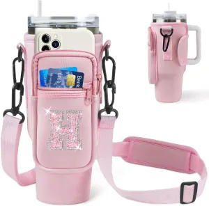 Water Bottle Holder Pouch with Adjustable Shoulder Strap for Simple 40 oz Tumbler, Personalized Initial Letter Water Bottle Bag with Phone Pocket for Stanley Cup Accessories (Pink H)