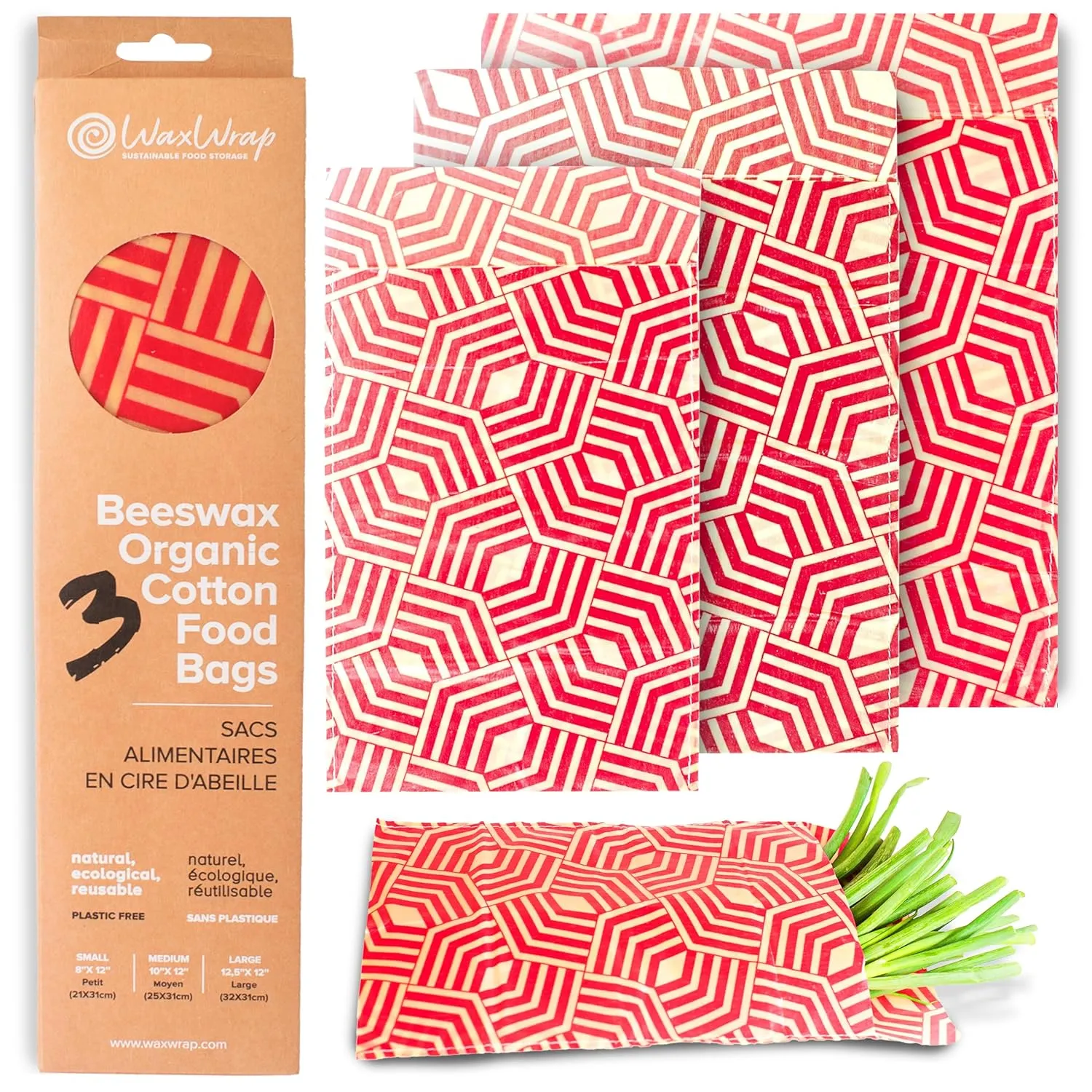 WaxWrap Beeswax Wraps For Food, Organic Cotton Food Bags - Sustainable Plastic Bag Alternative, Reusable Snack Bags, Bees Wax Wraps Reusable Food Storage - Assorted 3 Pack (S, M, L)