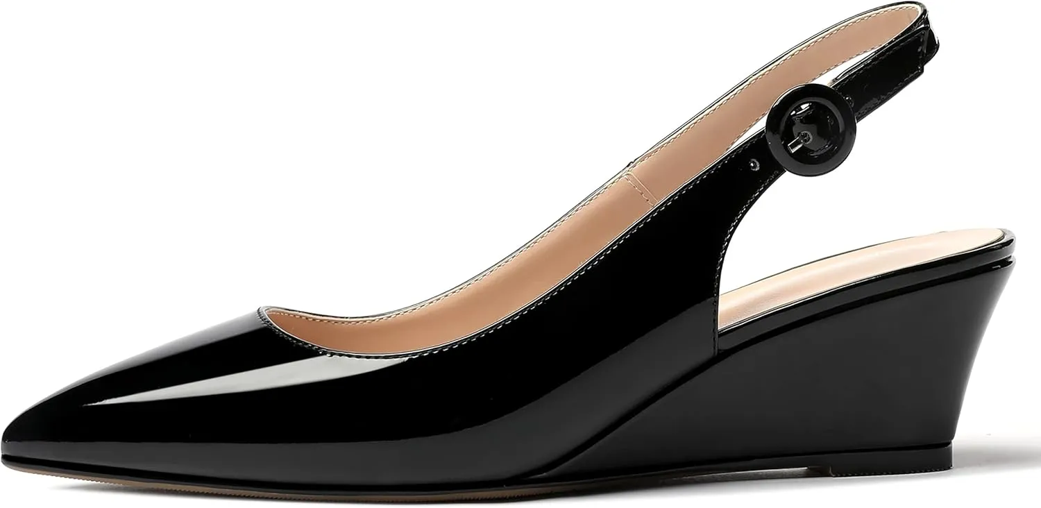 WAYDERNS Women's Pointed Toe Patent Slingback Buckle Wedge Low Heel Pumps Cute Evening Dress Shoes 2 Inch