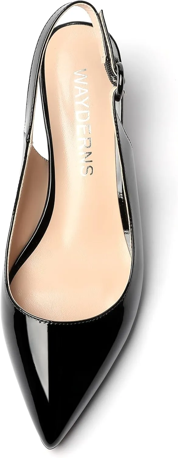 WAYDERNS Women's Pointed Toe Patent Slingback Buckle Wedge Low Heel Pumps Cute Evening Dress Shoes 2 Inch