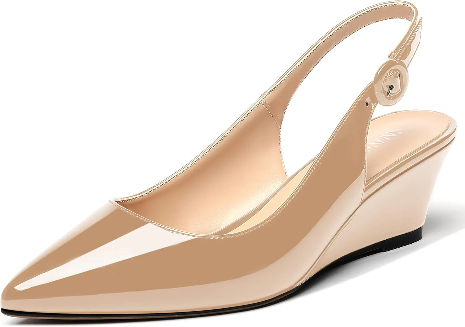 WAYDERNS Women's Pointed Toe Patent Slingback Buckle Wedge Low Heel Pumps Cute Evening Dress Shoes 2 Inch
