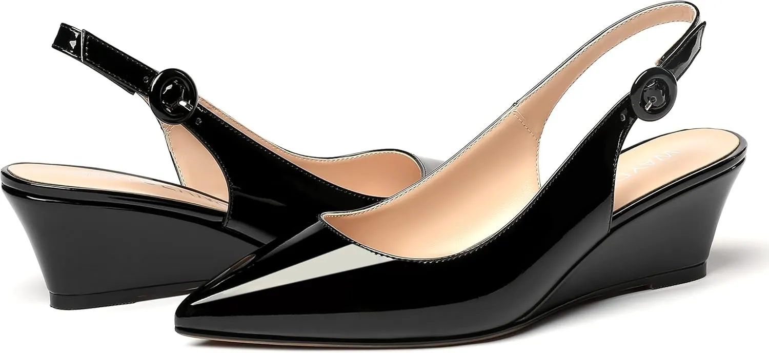 WAYDERNS Women's Pointed Toe Patent Slingback Buckle Wedge Low Heel Pumps Cute Evening Dress Shoes 2 Inch
