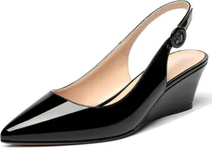 WAYDERNS Women's Pointed Toe Patent Slingback Buckle Wedge Low Heel Pumps Cute Evening Dress Shoes 2 Inch