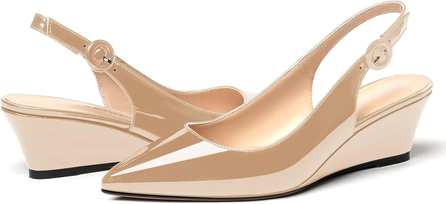 WAYDERNS Women's Pointed Toe Patent Slingback Buckle Wedge Low Heel Pumps Cute Evening Dress Shoes 2 Inch