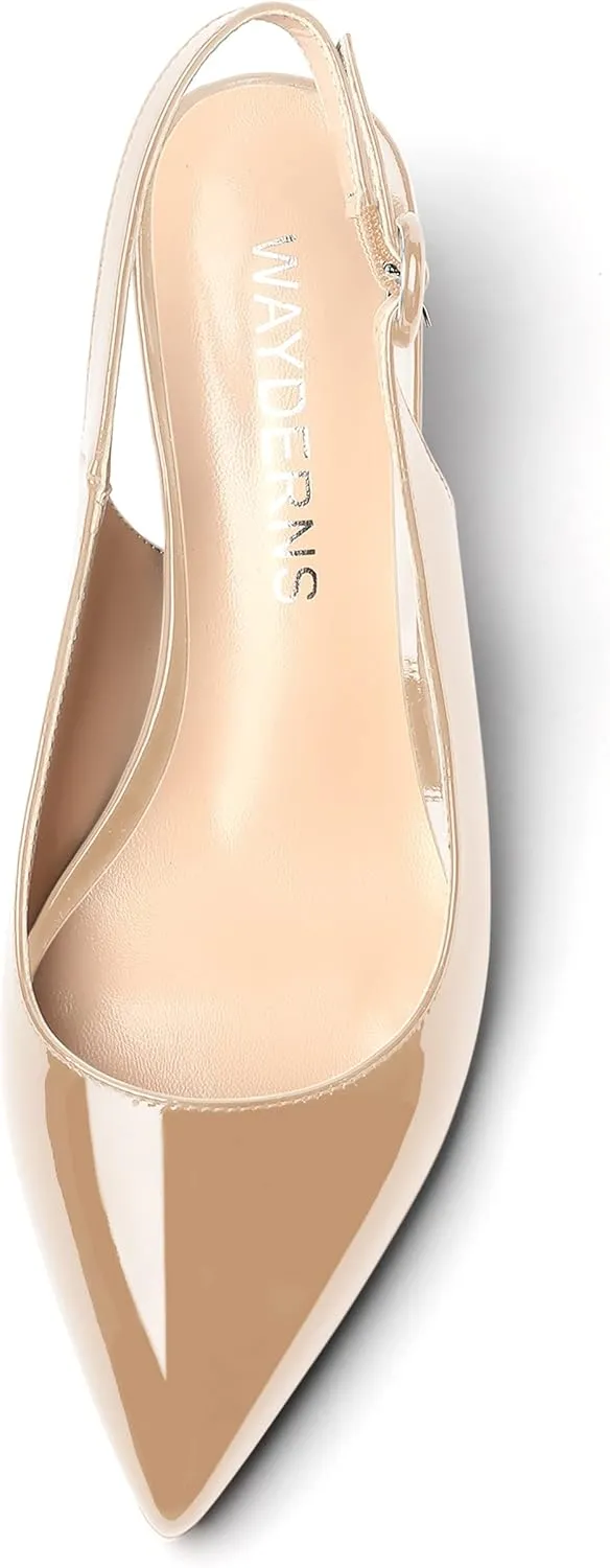 WAYDERNS Women's Pointed Toe Patent Slingback Buckle Wedge Low Heel Pumps Cute Evening Dress Shoes 2 Inch