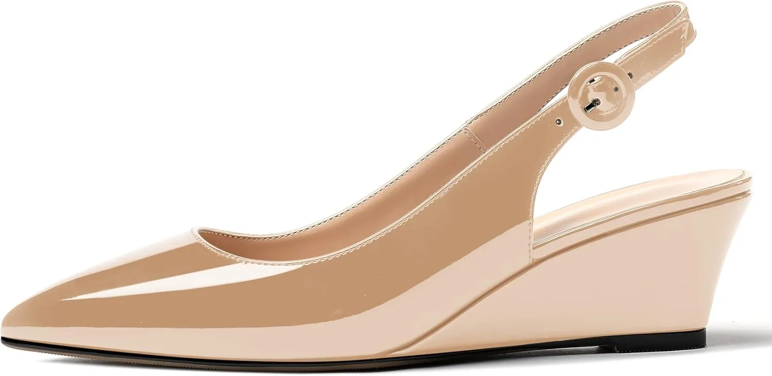 WAYDERNS Women's Pointed Toe Patent Slingback Buckle Wedge Low Heel Pumps Cute Evening Dress Shoes 2 Inch