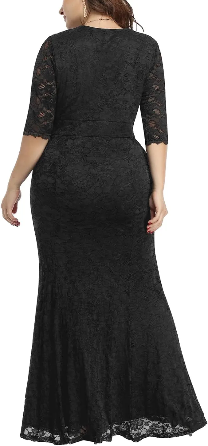Wedding Dresses for Bride Plus Size - Mermaid Formal Evening Gown Wrap Neck Lace Dress