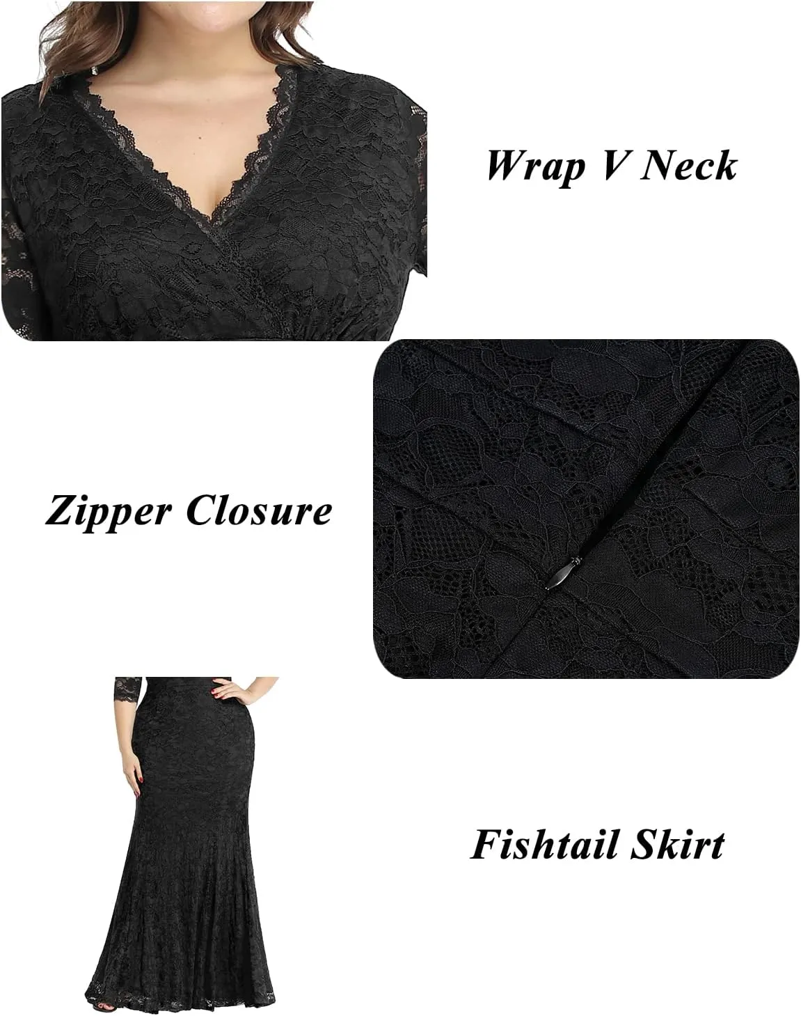 Wedding Dresses for Bride Plus Size - Mermaid Formal Evening Gown Wrap Neck Lace Dress