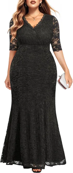 Wedding Dresses for Bride Plus Size - Mermaid Formal Evening Gown Wrap Neck Lace Dress