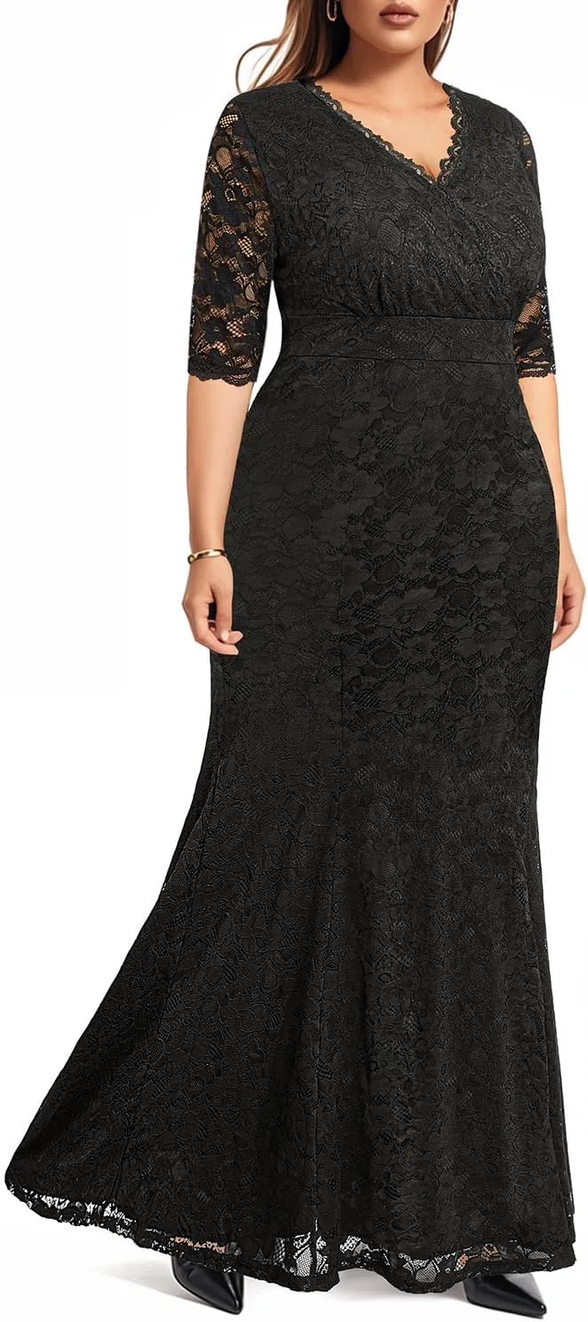 Wedding Dresses for Bride Plus Size - Mermaid Formal Evening Gown Wrap Neck Lace Dress