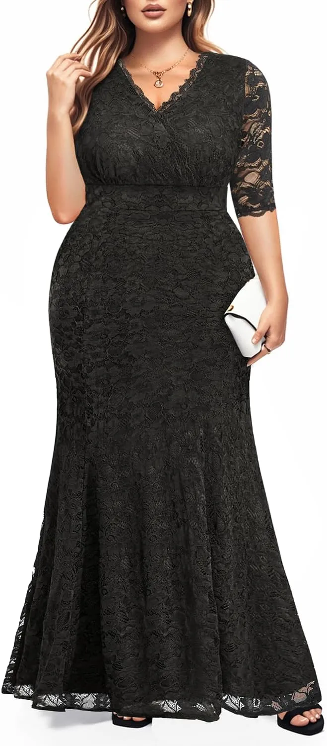 Wedding Dresses for Bride Plus Size - Mermaid Formal Evening Gown Wrap Neck Lace Dress