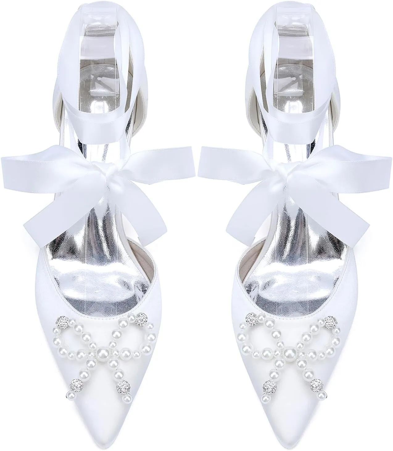 Wedding Shoes 8.5CM Pearl Rhinestones Pointed Toe Bridal Women Satin Block Heel Strappy Shoes for Prom Party Pumps Closed Toe