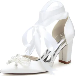 Wedding Shoes 8.5CM Pearl Rhinestones Pointed Toe Bridal Women Satin Block Heel Strappy Shoes for Prom Party Pumps Closed Toe