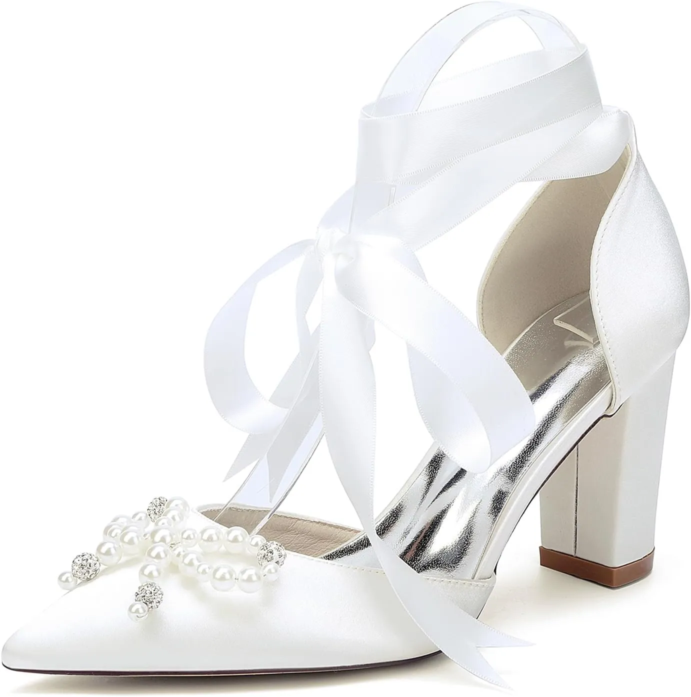 Wedding Shoes 8.5CM Pearl Rhinestones Pointed Toe Bridal Women Satin Block Heel Strappy Shoes for Prom Party Pumps Closed Toe