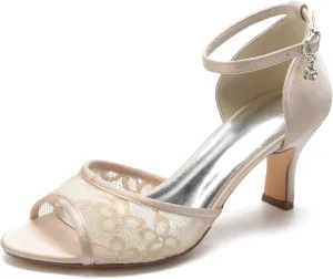 Wedding Shoes for Bride Peep Toe Comfortable Mid Block Heel Lace Ankle Strap Wedding Dress Pump Sandals 6.5Cm Heel Height