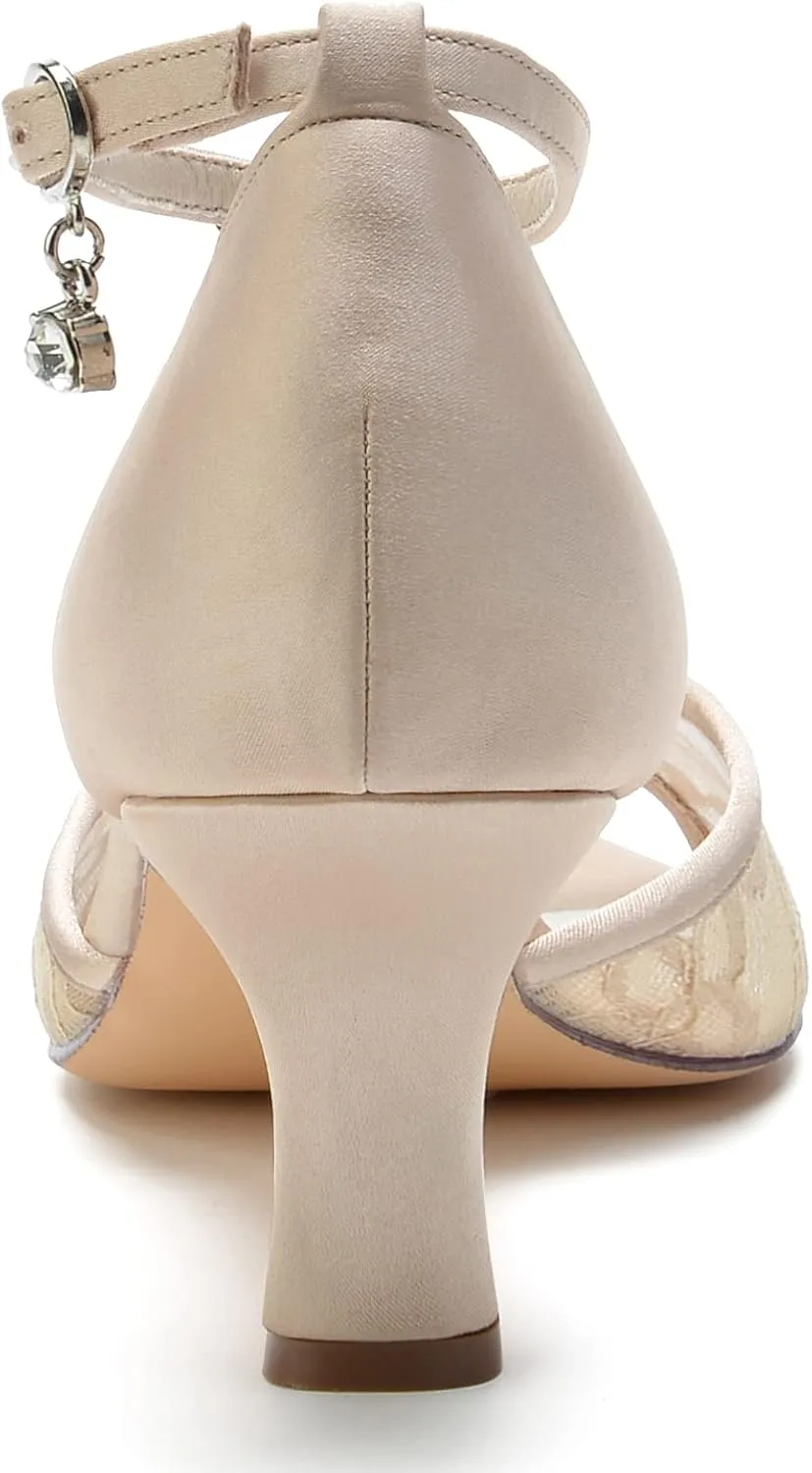 Wedding Shoes for Bride Peep Toe Comfortable Mid Block Heel Lace Ankle Strap Wedding Dress Pump Sandals 6.5Cm Heel Height