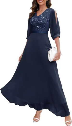 Wedtrend Women's Sequin Dress Sparkly Glitter Dress Split Sleeves Formal Dresses Maxi Evening Dress