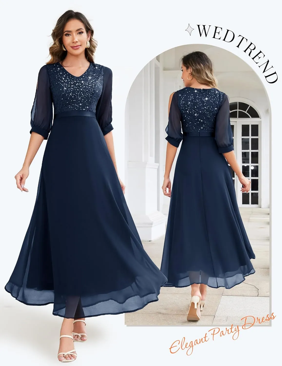 Wedtrend Women's Sequin Dress Sparkly Glitter Dress Split Sleeves Formal Dresses Maxi Evening Dress
