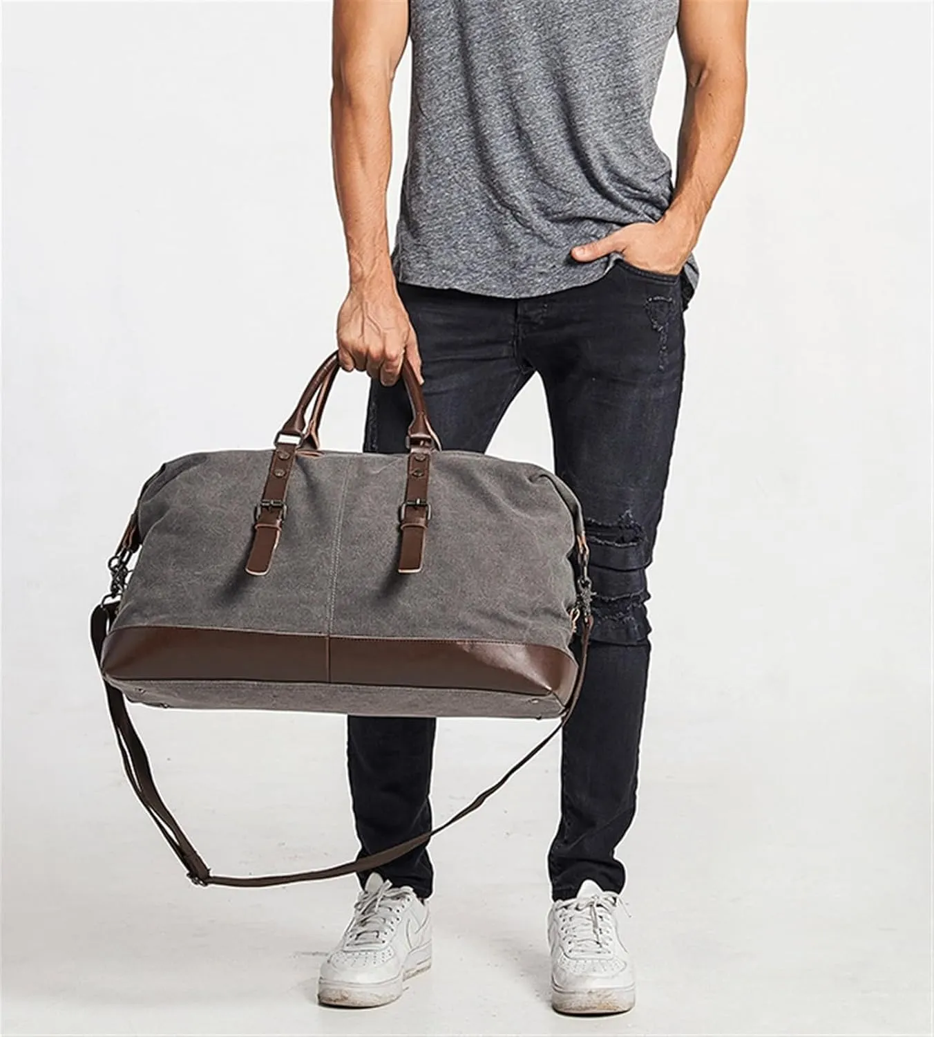 Weekender Travel Bag 22inch Weekender Bag for Women Men, Travel Duffle Bag, Canvas PU Carry On Overnight Bag Sport Gym Bag(E)