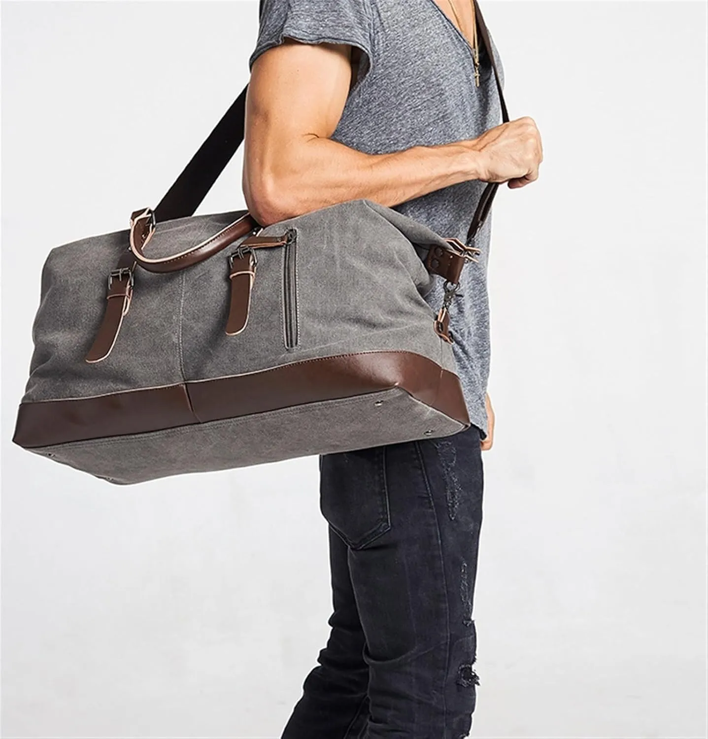 Weekender Travel Bag 22inch Weekender Bag for Women Men, Travel Duffle Bag, Canvas PU Carry On Overnight Bag Sport Gym Bag(E)