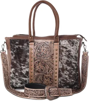 Western Cowhide Hairon Leather Tote Bag for Women With Adjustable Tooled Shoulder Strap Leather Purse