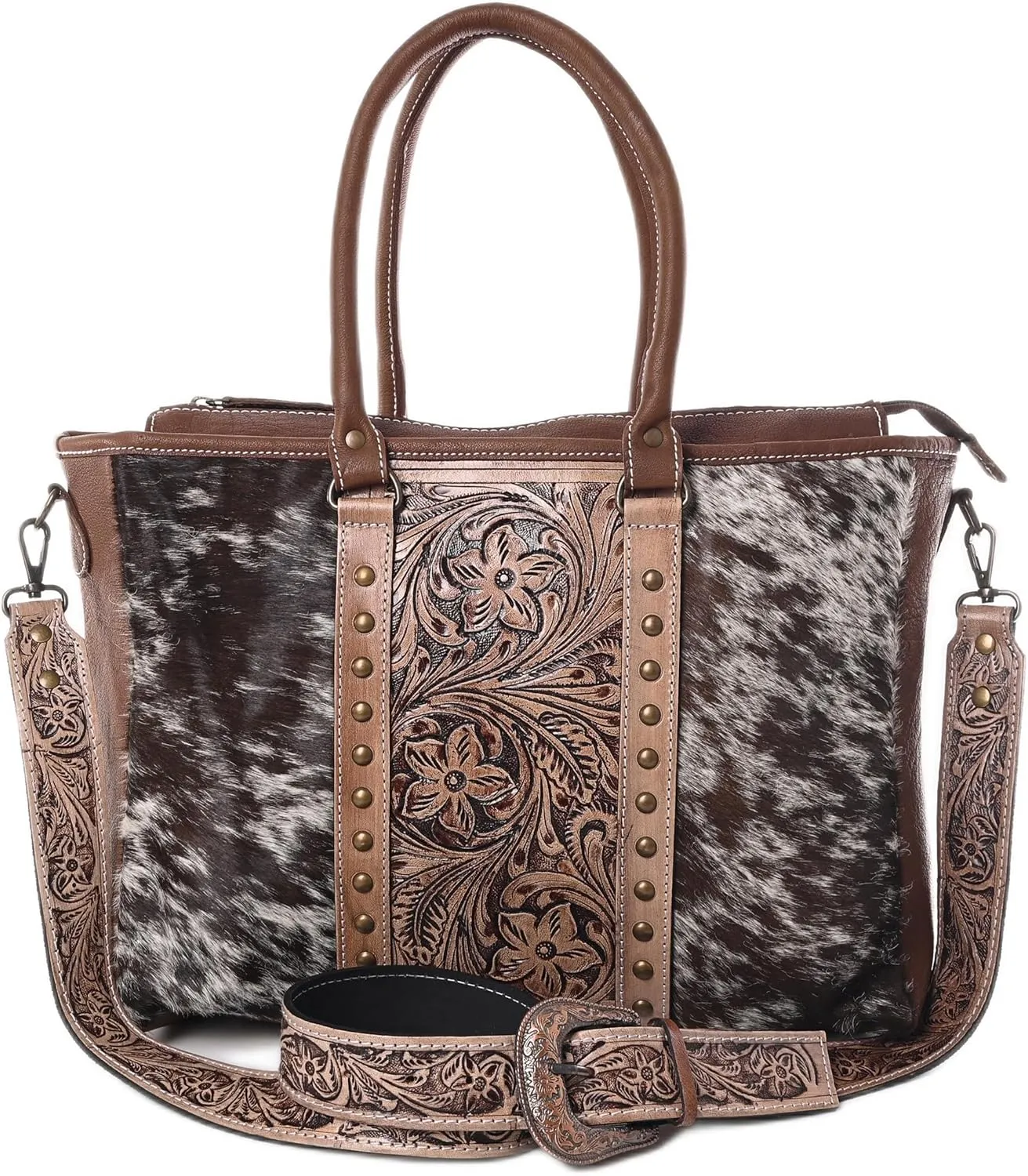 Western Cowhide Hairon Leather Tote Bag for Women With Adjustable Tooled Shoulder Strap Leather Purse