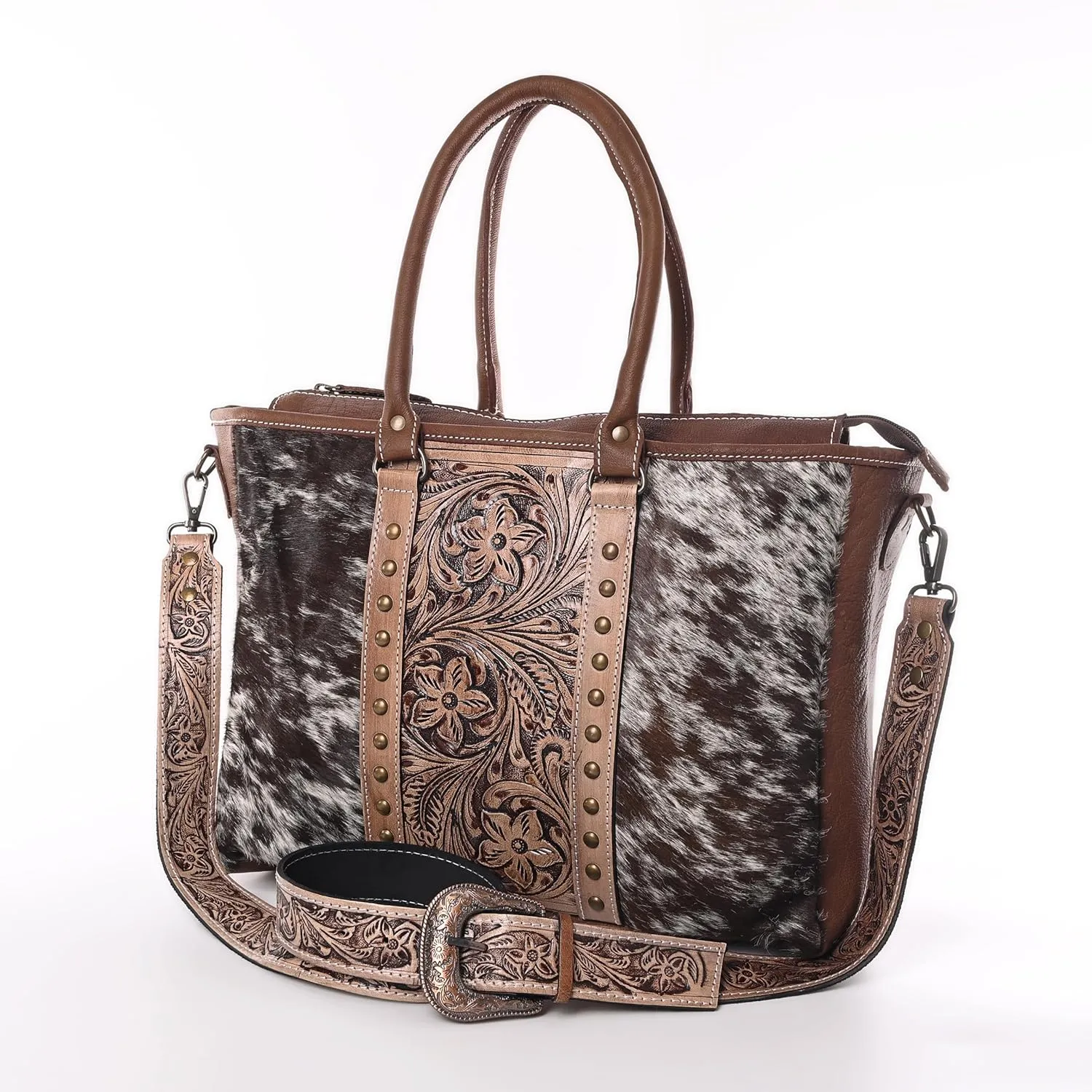 Western Cowhide Hairon Leather Tote Bag for Women With Adjustable Tooled Shoulder Strap Leather Purse