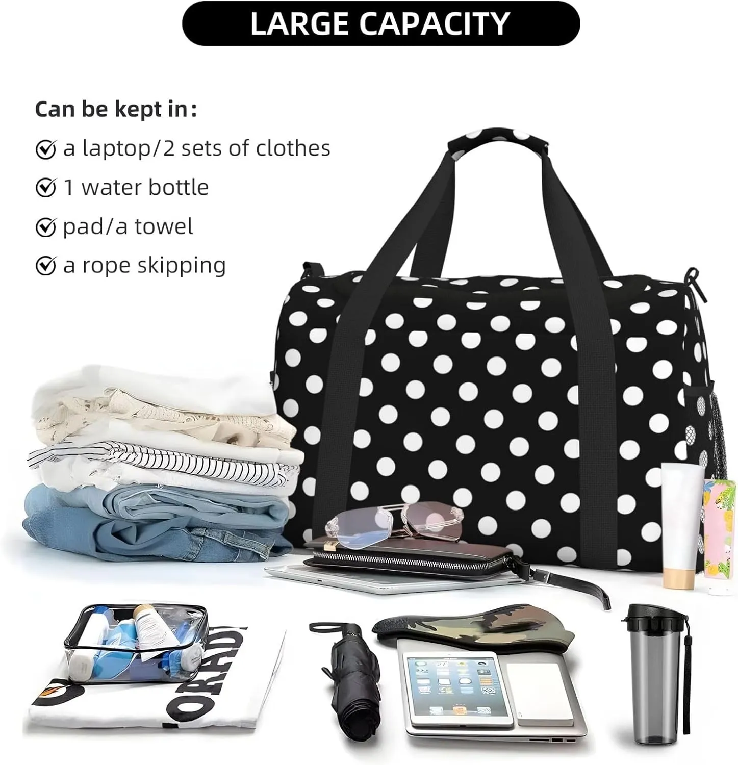 White And Black Polka Dot Travel Weekender Overnight Bags Foldable Hand Travel Bag Sport Gym Duffel Bag For Men Women