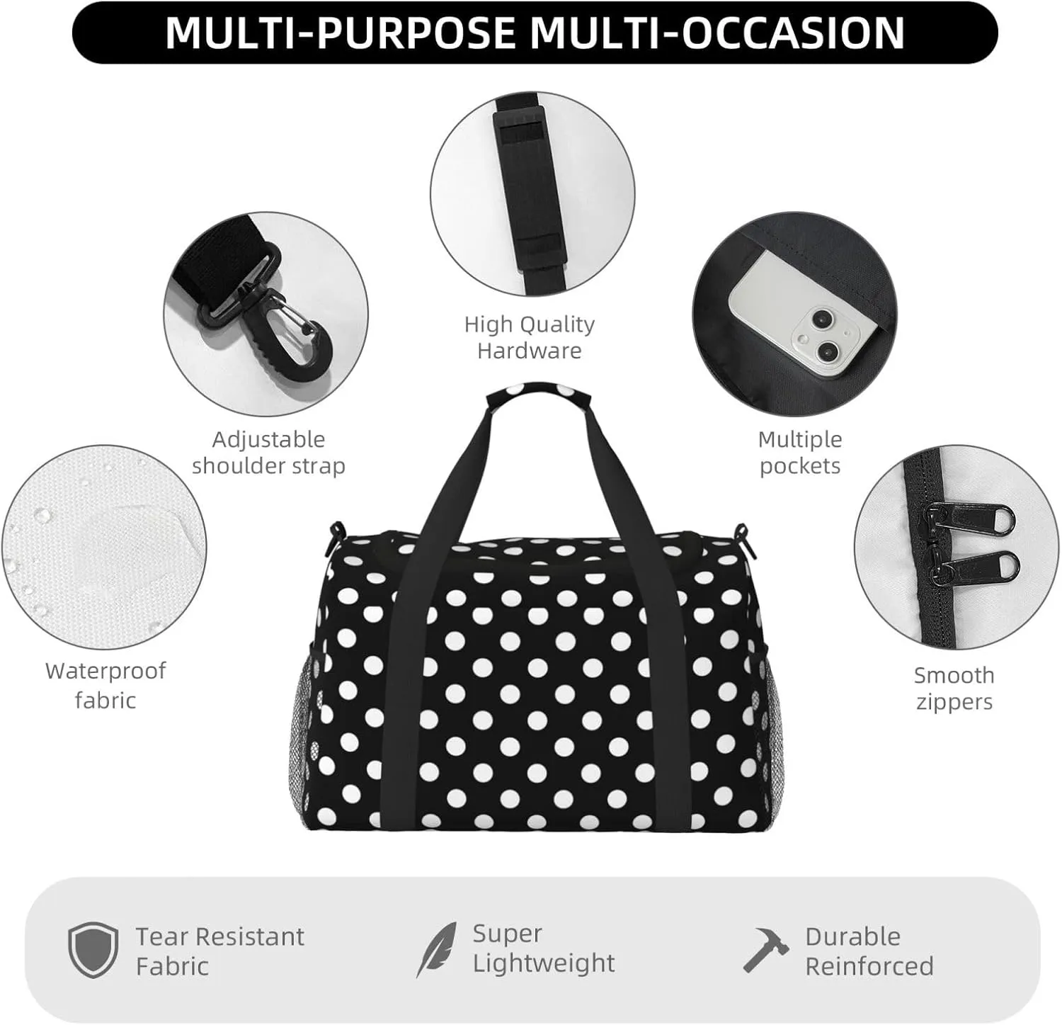 White And Black Polka Dot Travel Weekender Overnight Bags Foldable Hand Travel Bag Sport Gym Duffel Bag For Men Women